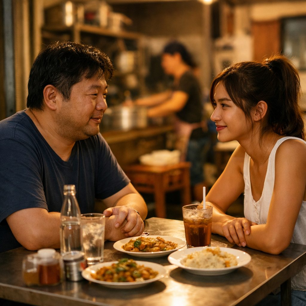 落ち着いた雰囲気で向き合う日本人男性とタイ人女性の会話風景