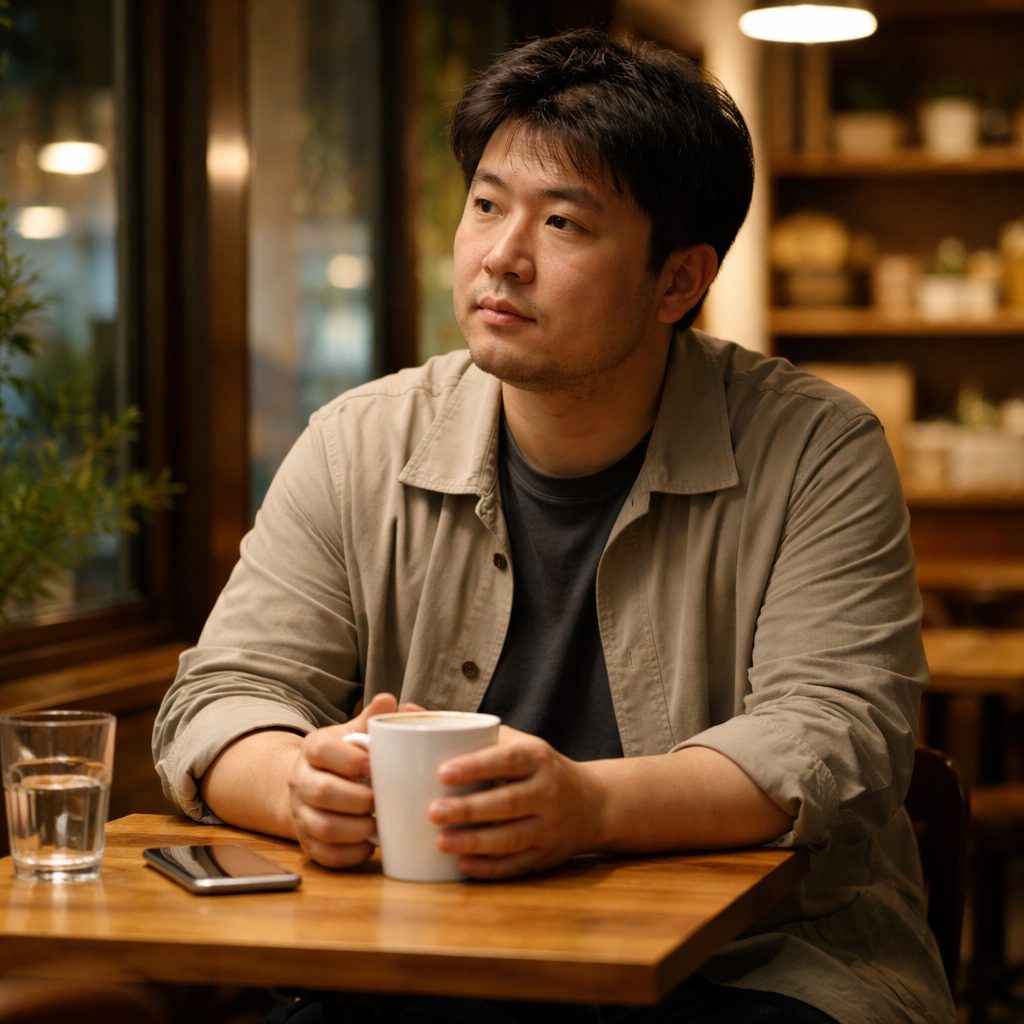 静かな室内で落ち着いて考える男性の後ろ姿