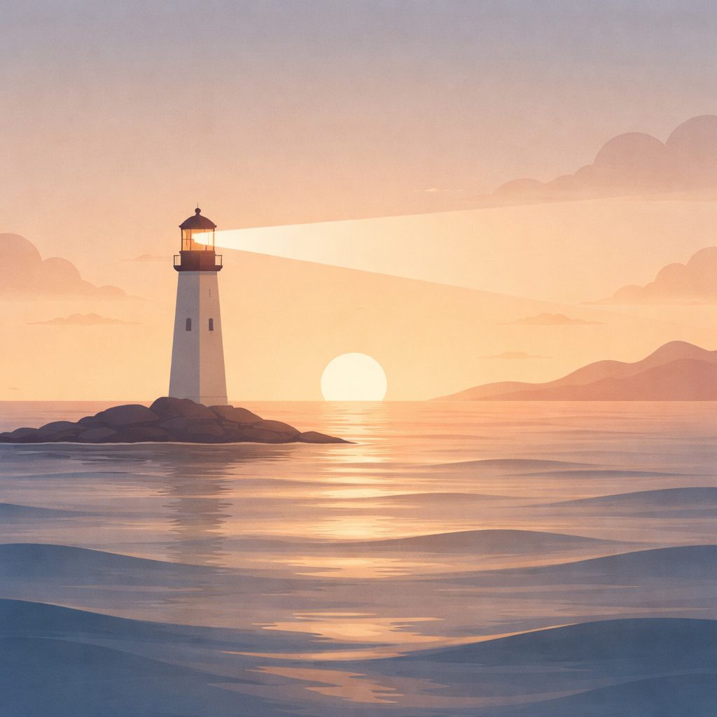 灯台の光が海を照らす象徴的なイラスト