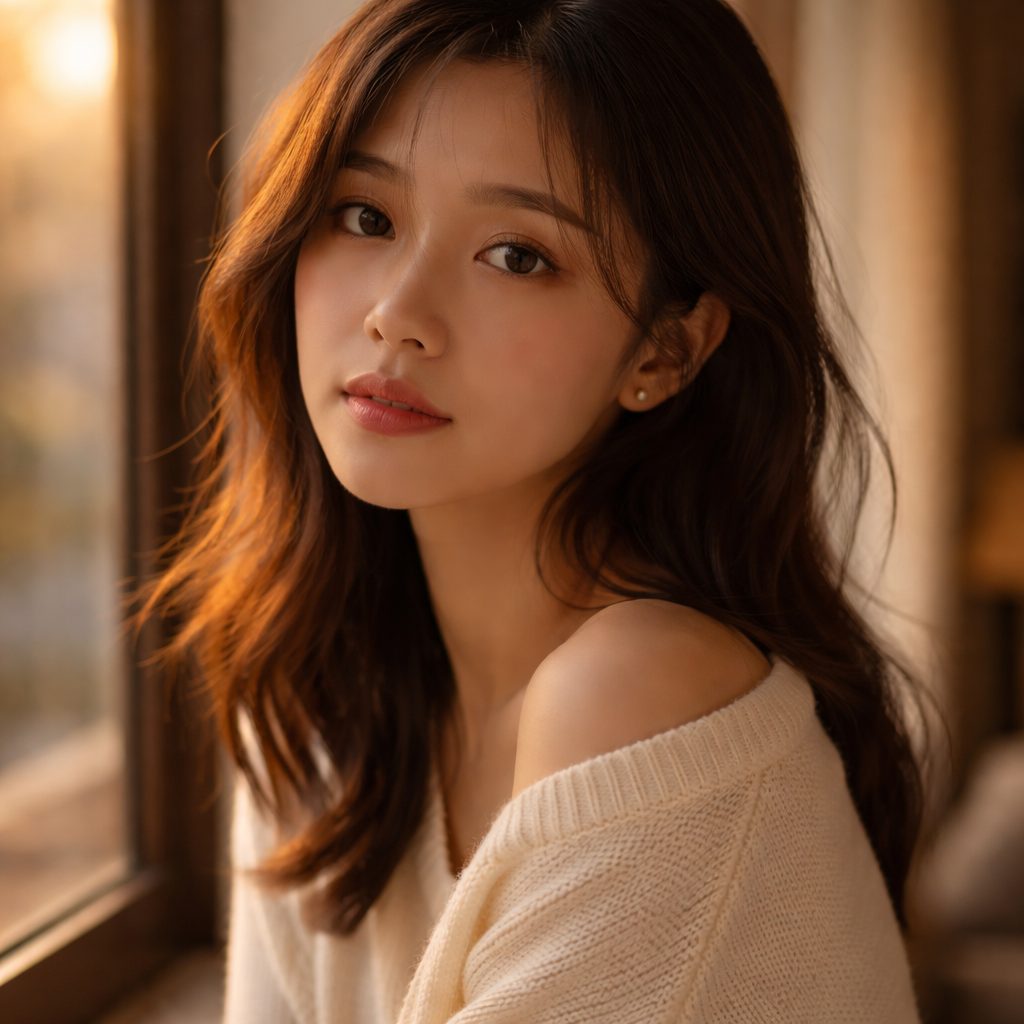 夕暮れの室内で物思いにふけるタイ人女性のポートレート