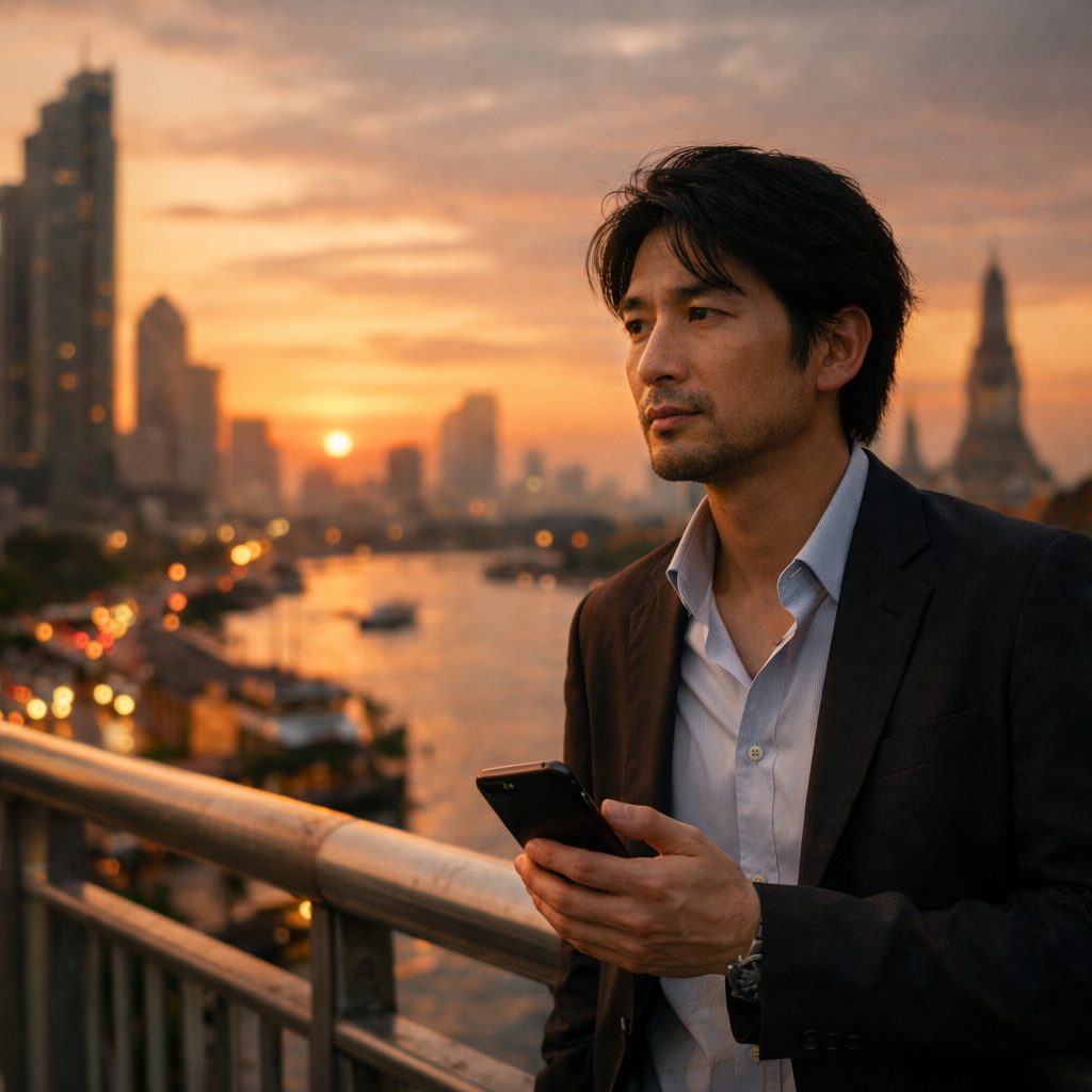 夕暮れの街並みの中で考え込む男性の姿