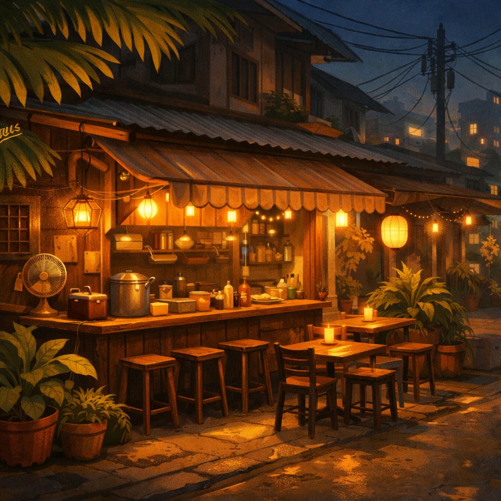 温かい灯りがともるタイの街角のイラスト
