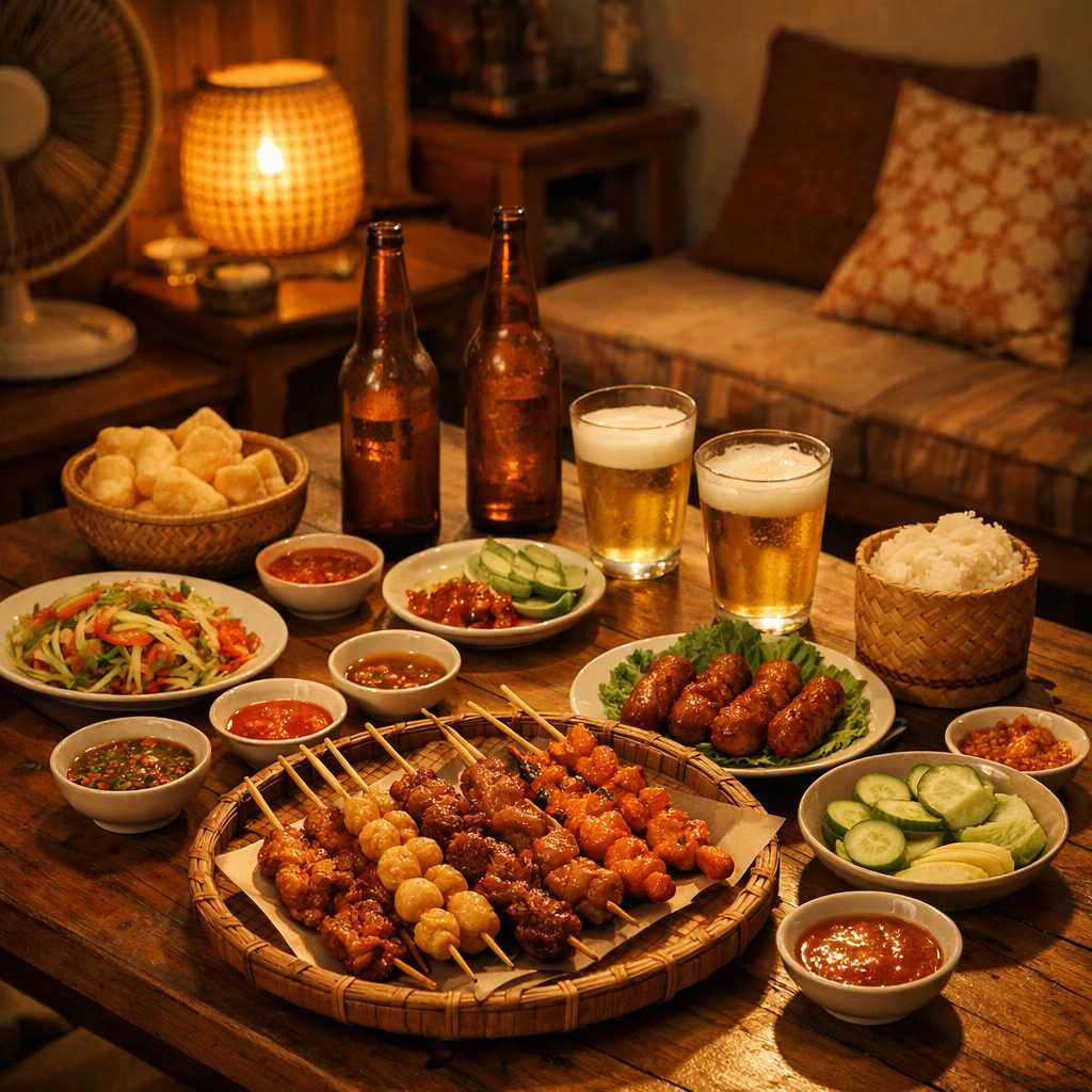 タイ料理や飲み物が並ぶ温かい夜の食卓