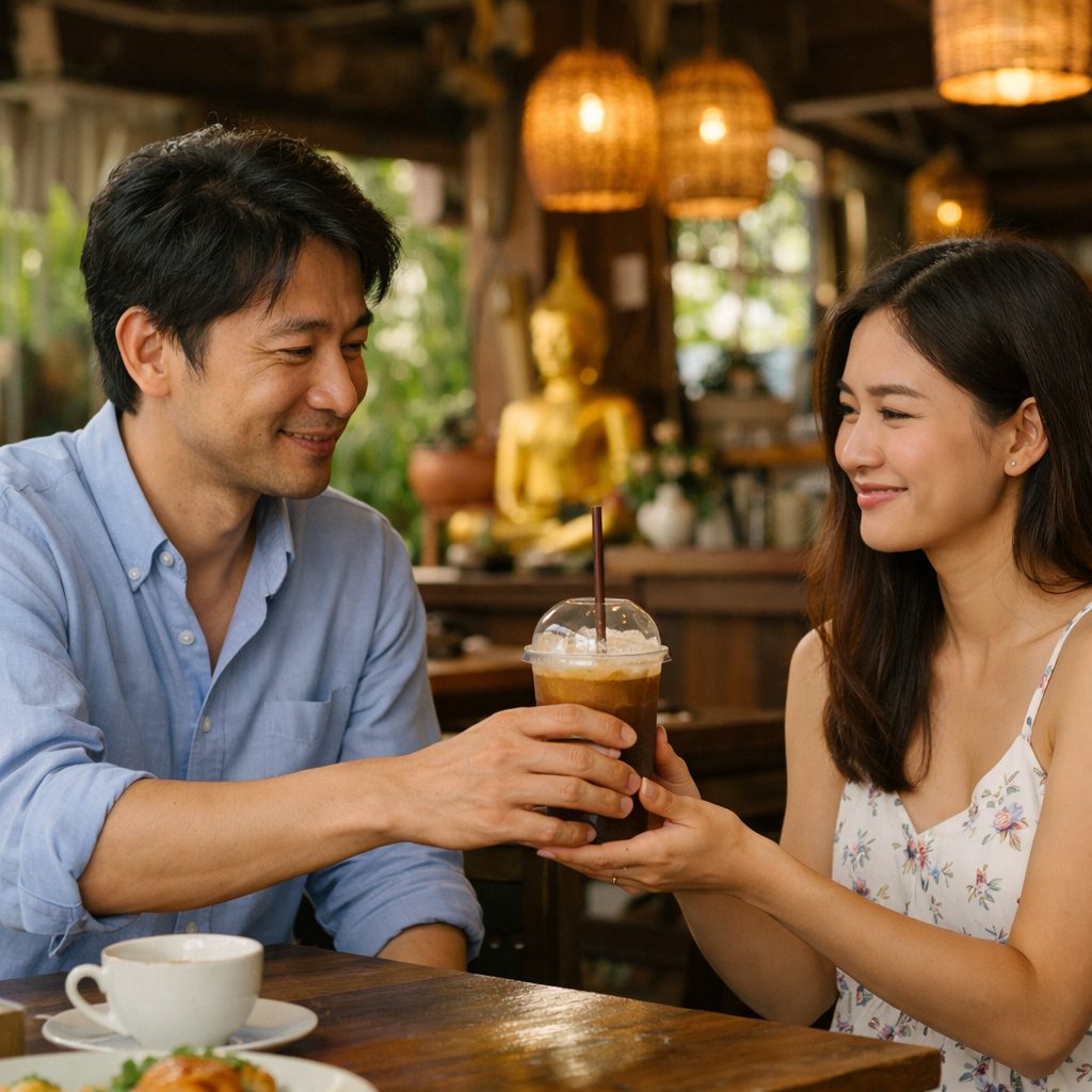 タイのカフェで女性を気遣いながら会話する日本人男性