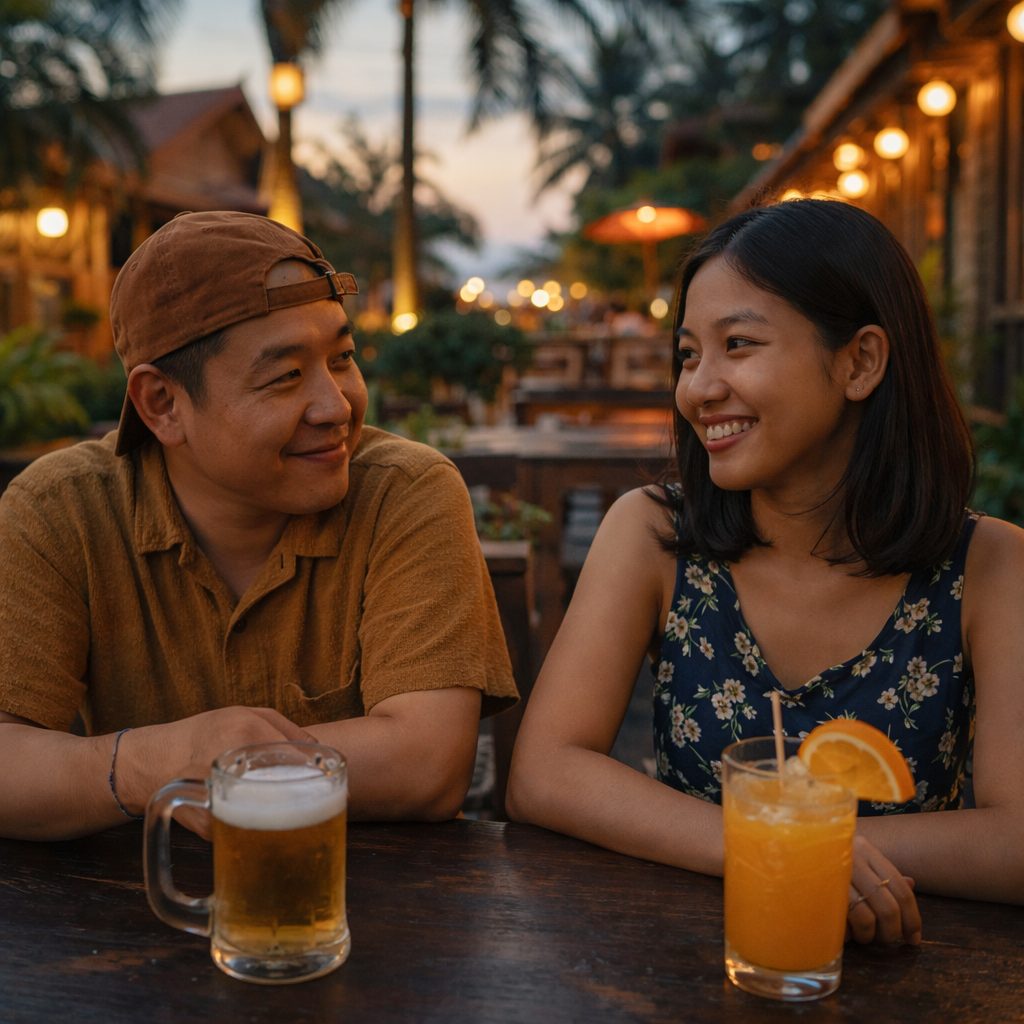 穏やかな表情で向き合う日本人男性とタイ人女性