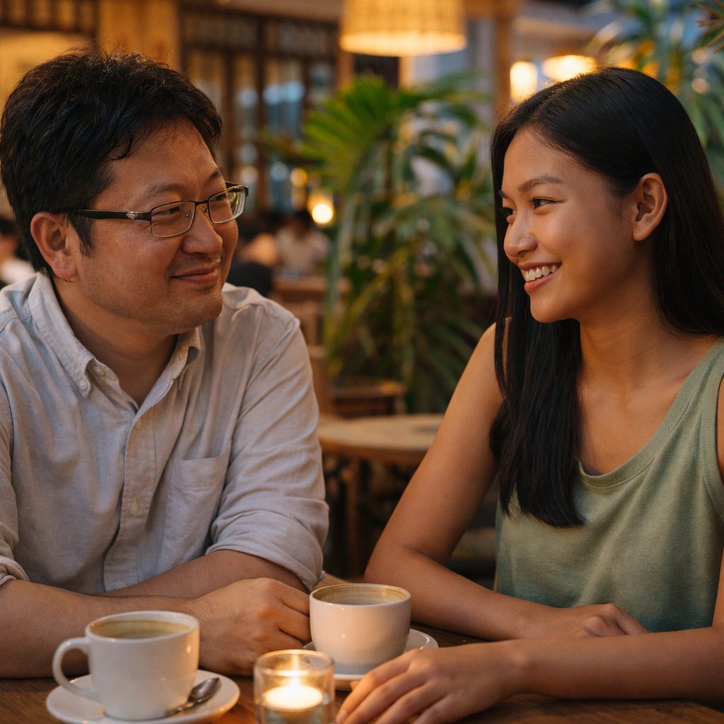 穏やかな雰囲気で向き合う日本人男性とタイ人女性