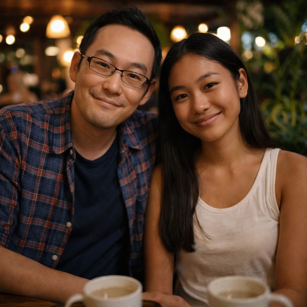 穏やかな雰囲気の中で向き合う日本人男性とタイ人女性