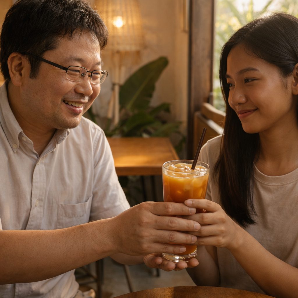 飲み物を渡しながら穏やかに気遣う日本人男性とタイ人女性