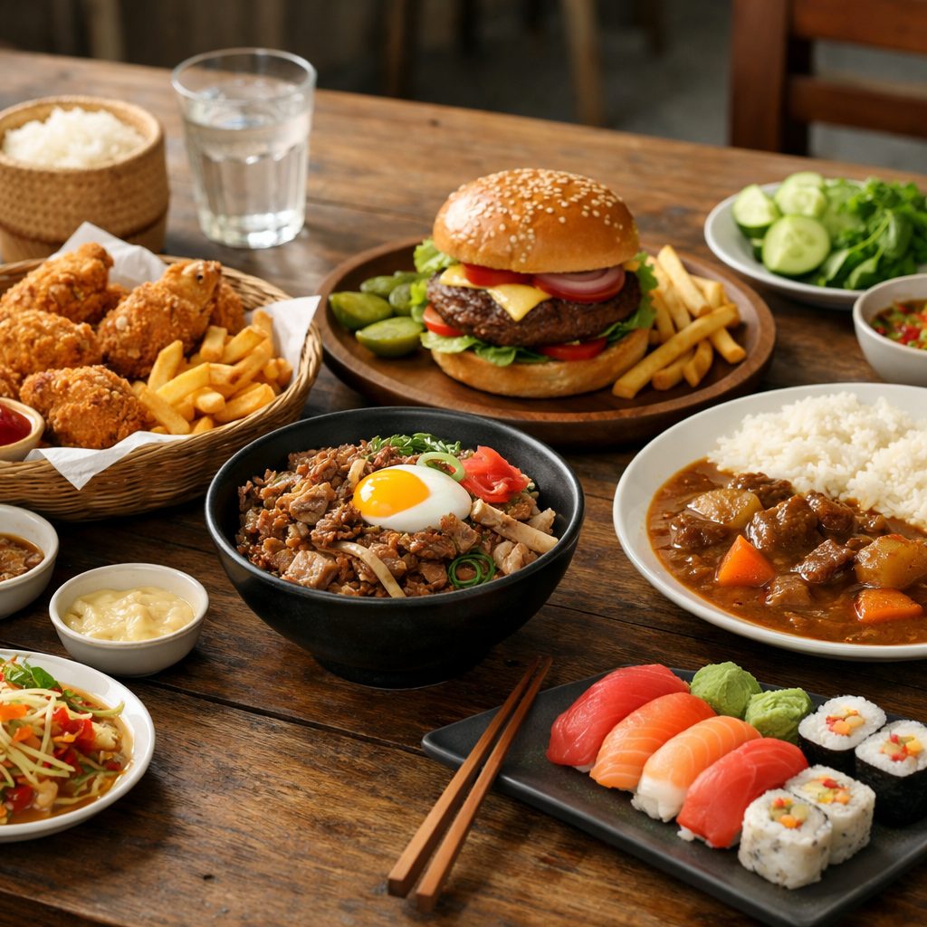 タイでは和食やファストフードも自然に親しまれていることが伝わる中盤写真