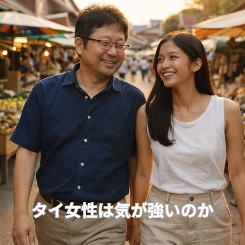 タイの屋外マーケットを歩きながら笑顔を見せる日本人男性とタイ人女性