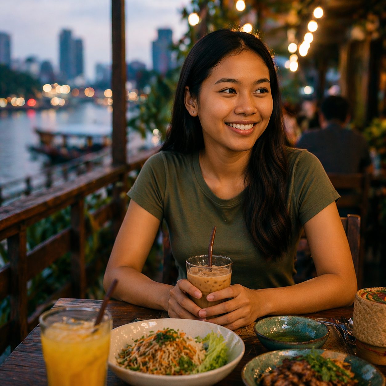 タイ女性が川沿いのカフェで飲み物を手にくつろぐ様子