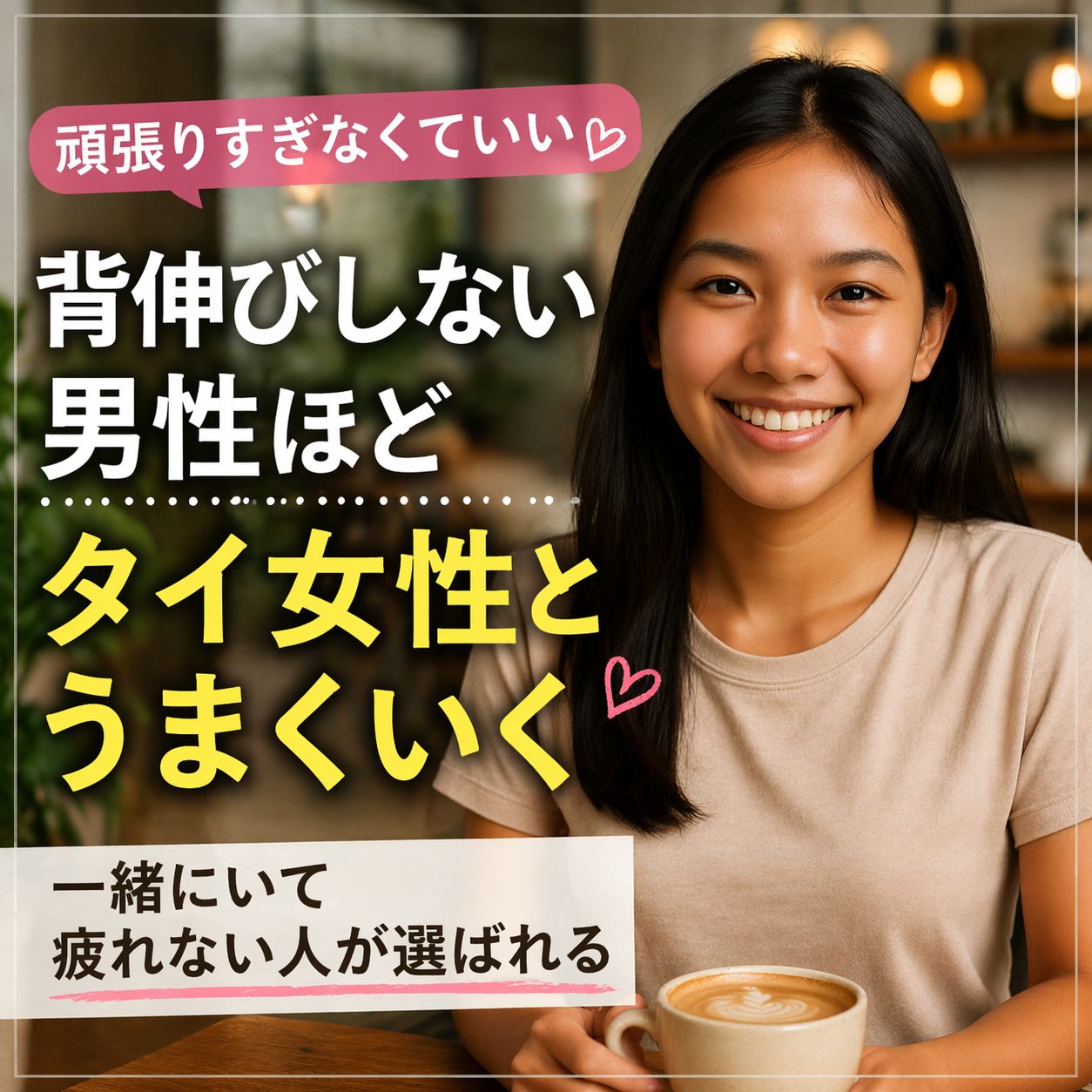 タイ女性がカフェで微笑み、背伸びしない男性の魅力を伝えるアイキャッチ画像