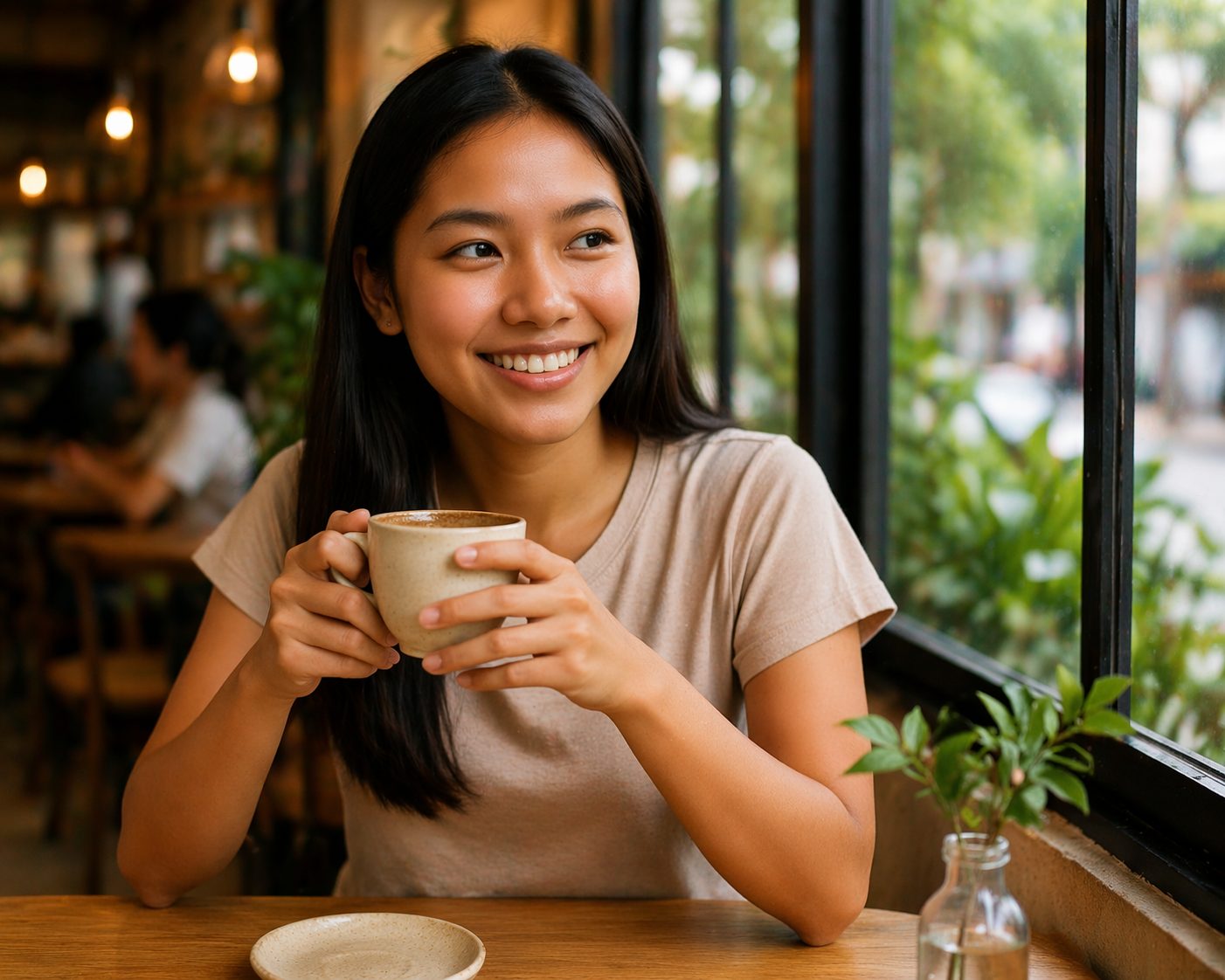 タイ女性がカフェの窓際で飲み物を手にくつろぐ様子