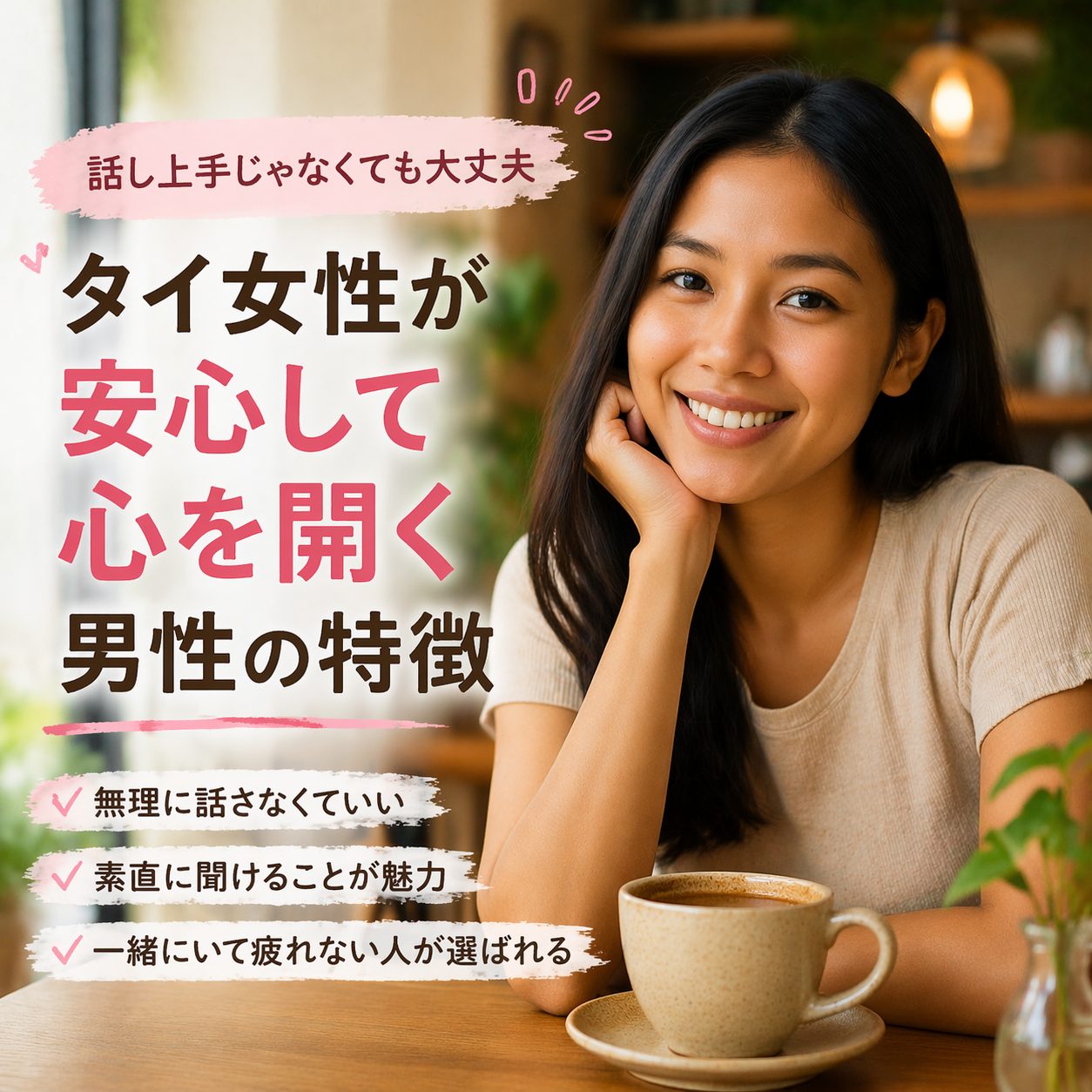 タイ女性がカフェで微笑み、話し上手でなくても惹かれる男性像を伝えるアイキャッチ画像