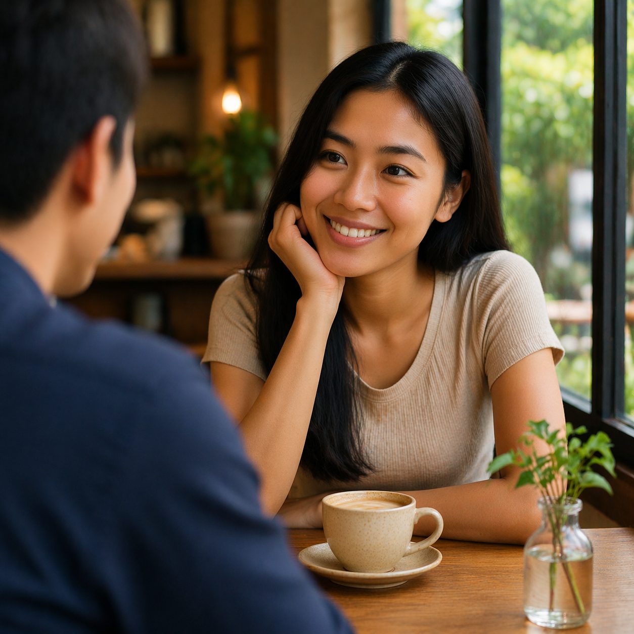 タイ女性がカフェで男性と向き合い、やわらかな表情で会話している様子