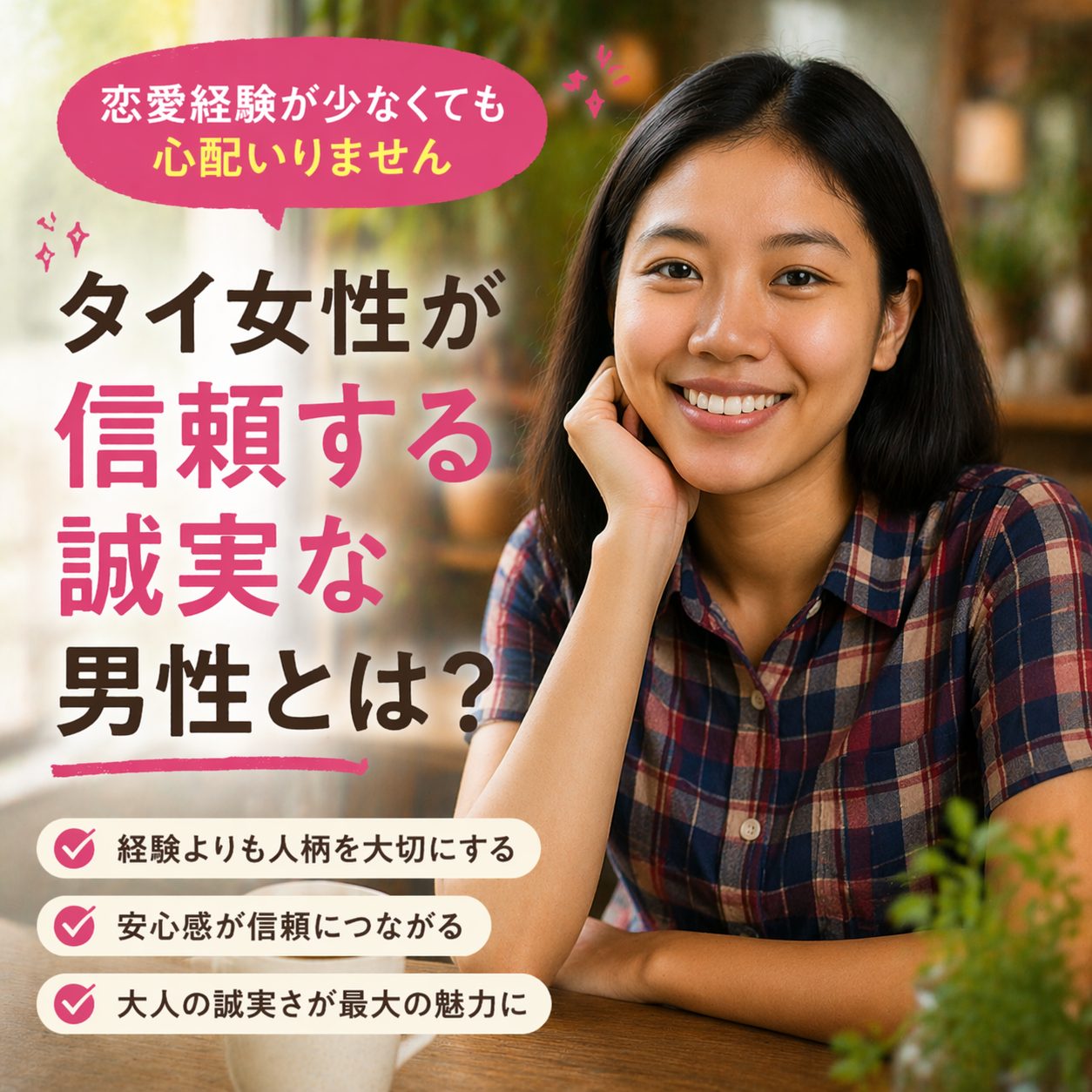 タイ女性が微笑み、恋愛経験が多くなくても信頼される誠実な男性像を伝えるアイキャッチ画像