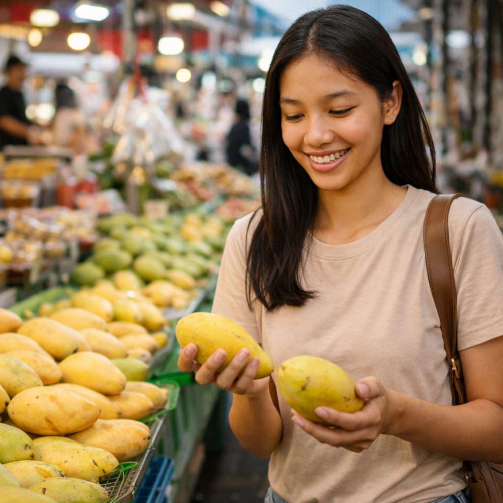 市場でマンゴーを選ぶタイ女性の自然な買い物風景