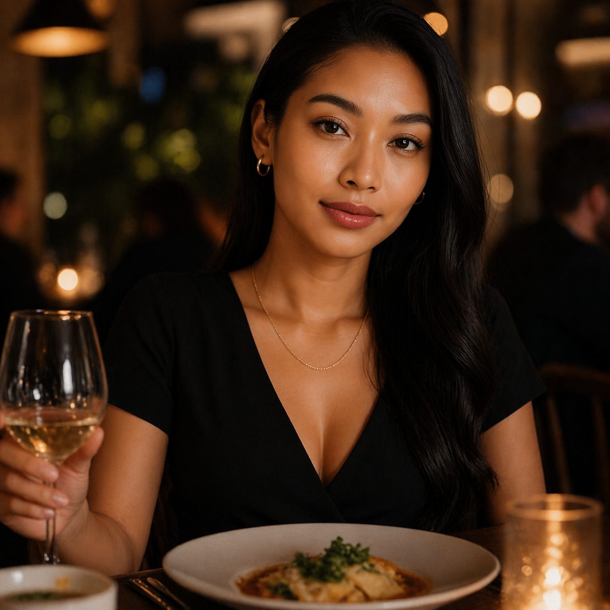 レストランでディナーを楽しむタイ女性の落ち着いた中盤写真