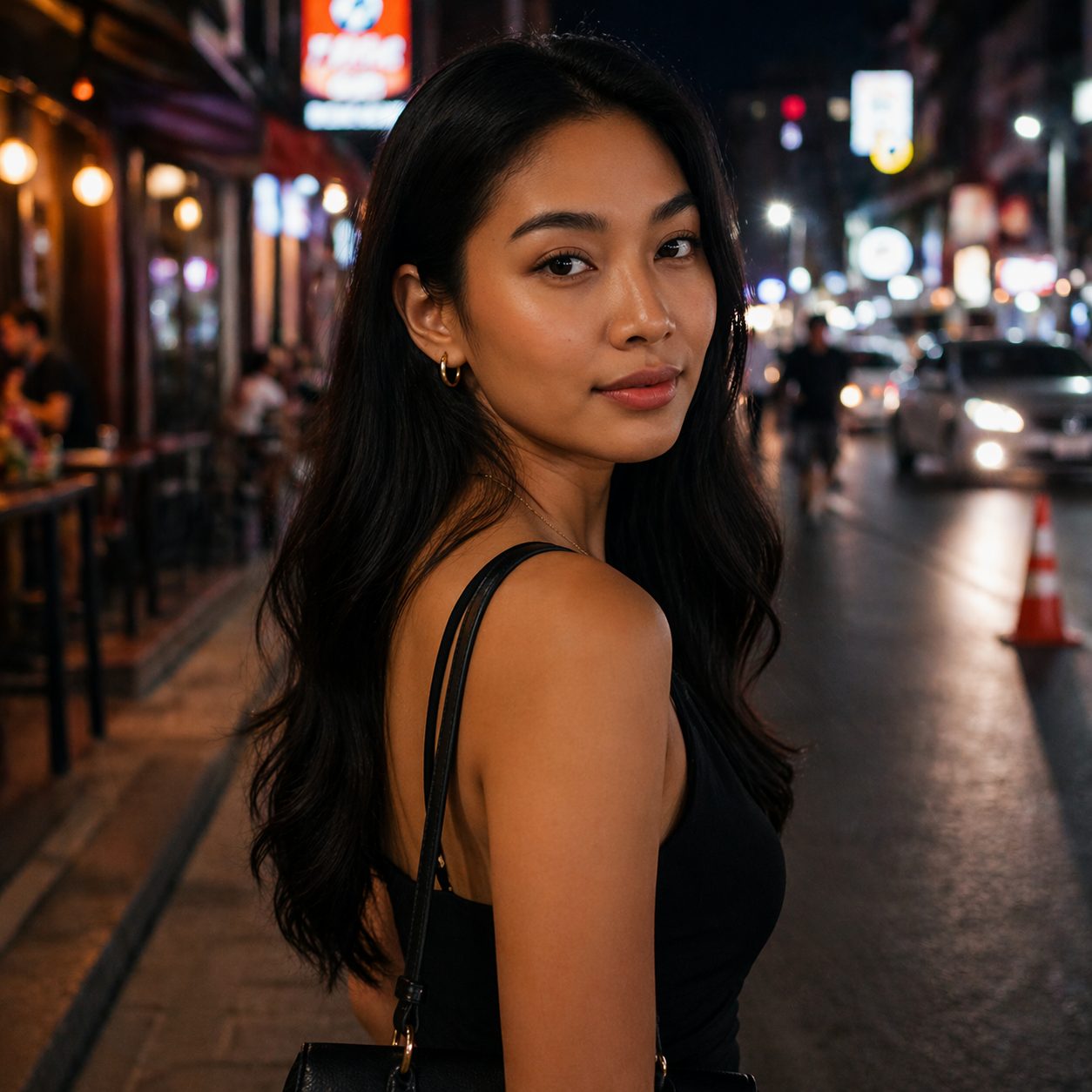 夜の街を歩くタイ女性の自然な表情を写した中盤写真