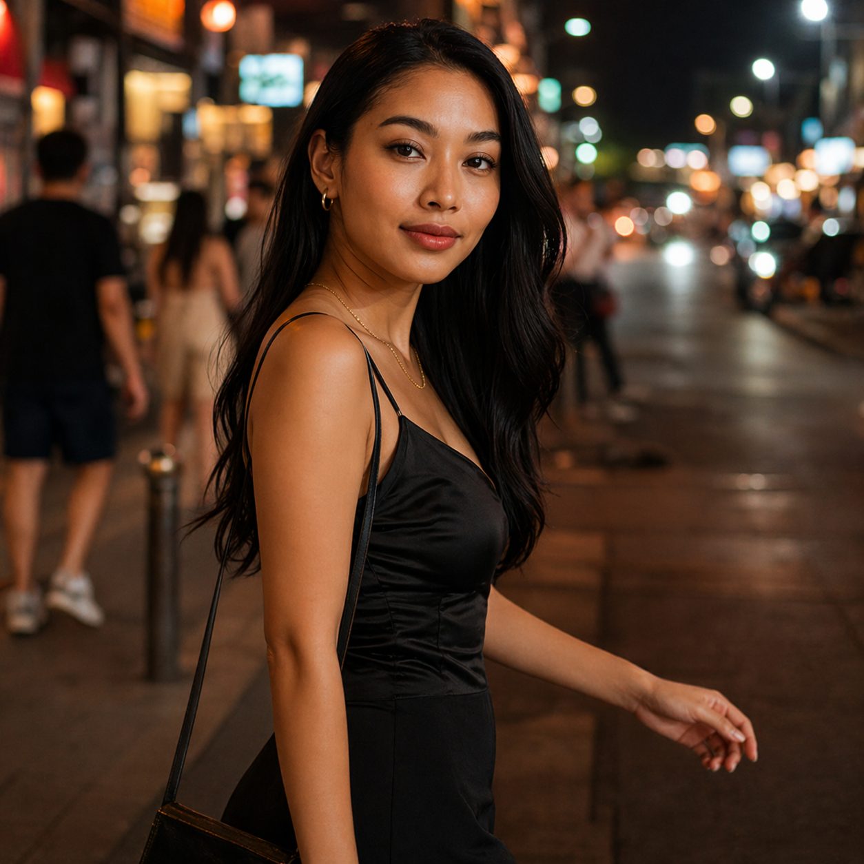 夜の街を歩くタイ女性の自然な表情を写した中盤写真