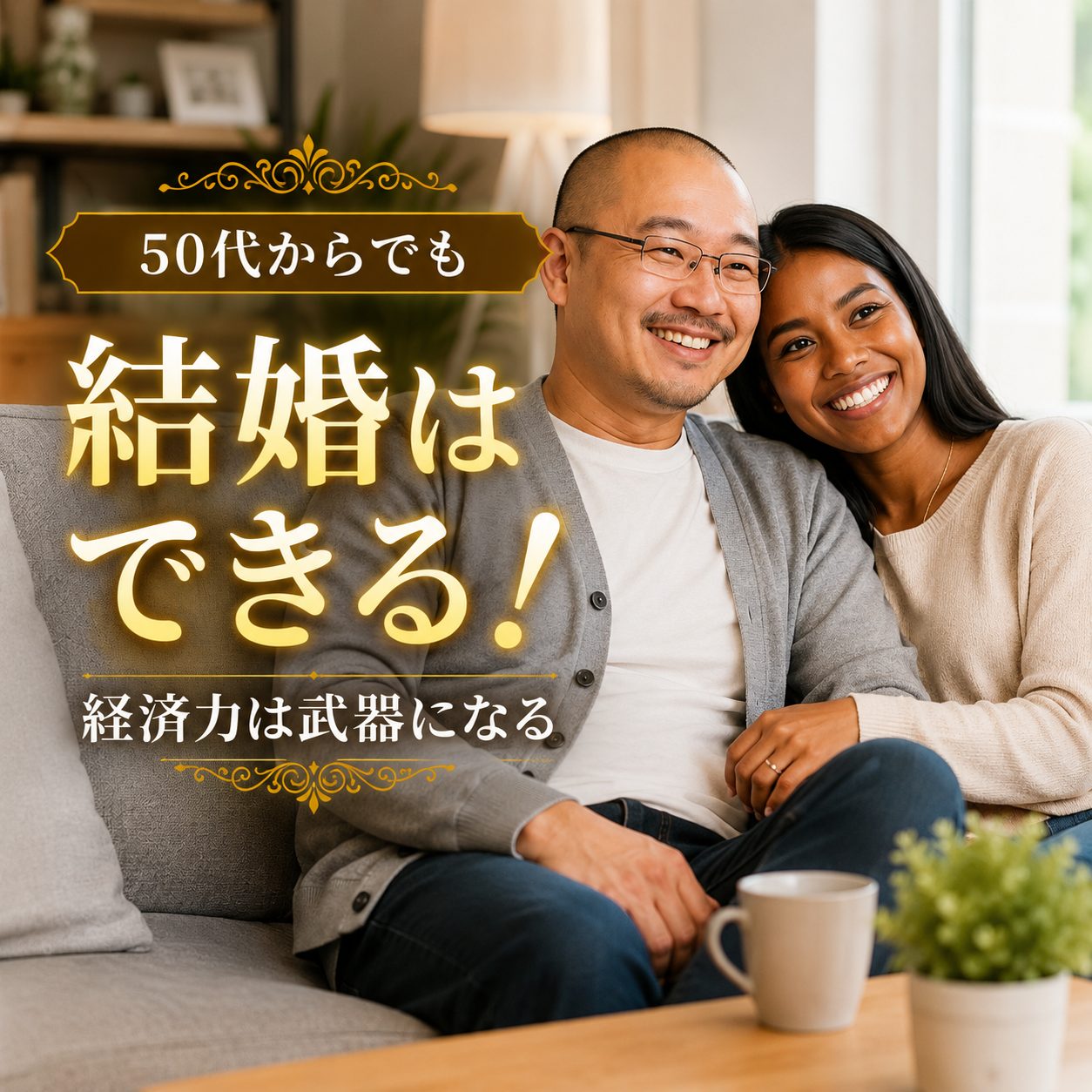 50代からでも結婚はできることを感じさせる、ソファーでくつろぐ大人のカップルのアイキャッチ画像