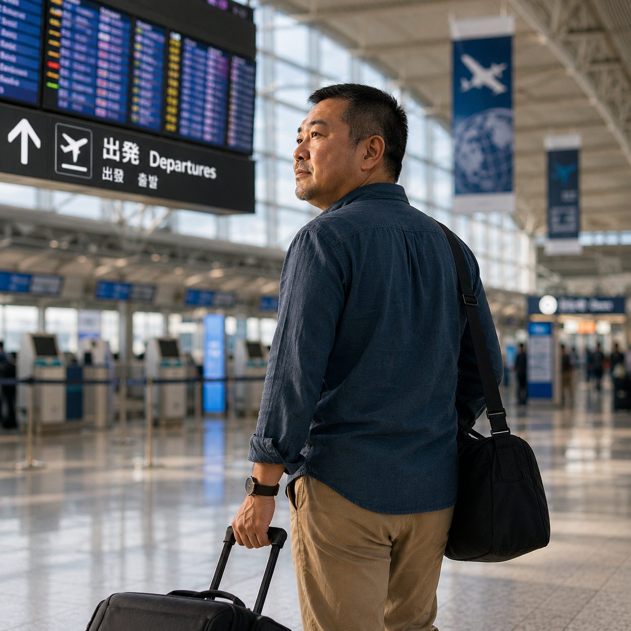 キャリーケースを引きながら空港を歩く小太りの日本人50代男性の中盤写真
