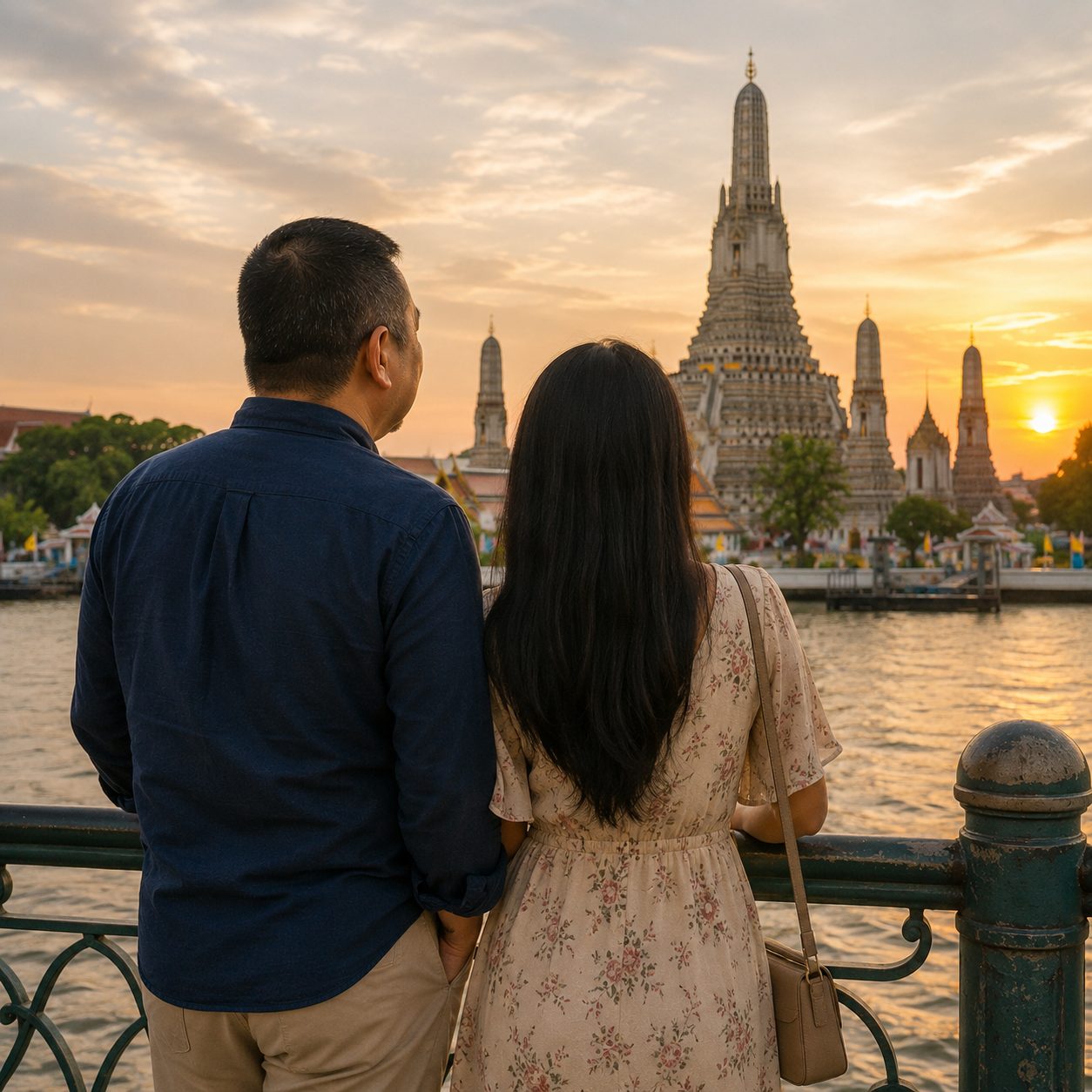 夕日のワットアルンを背景に並んで立つ日本人50代男性とタイ女性の後ろ姿の中盤写真