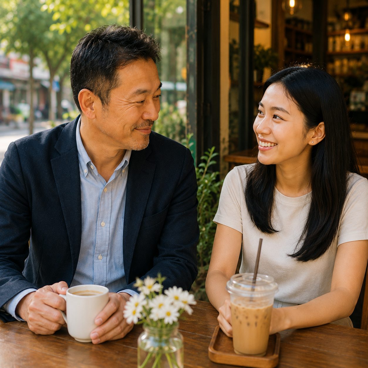 日本人の中年男性とタイ女性が自然に日常を過ごしている中盤写真