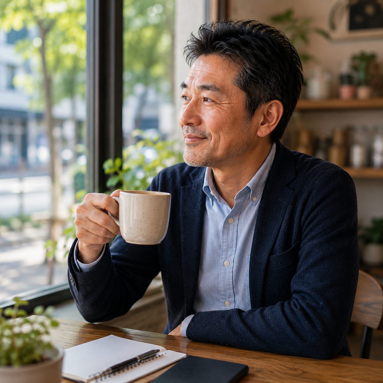 日常の中で少し表情がやわらぎ、前向きな気配を見せる中年男性の中盤写真